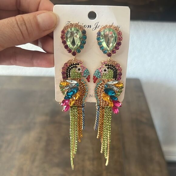 New Long Rainbow Crystal Parrot Earring - Picture 8 of 11